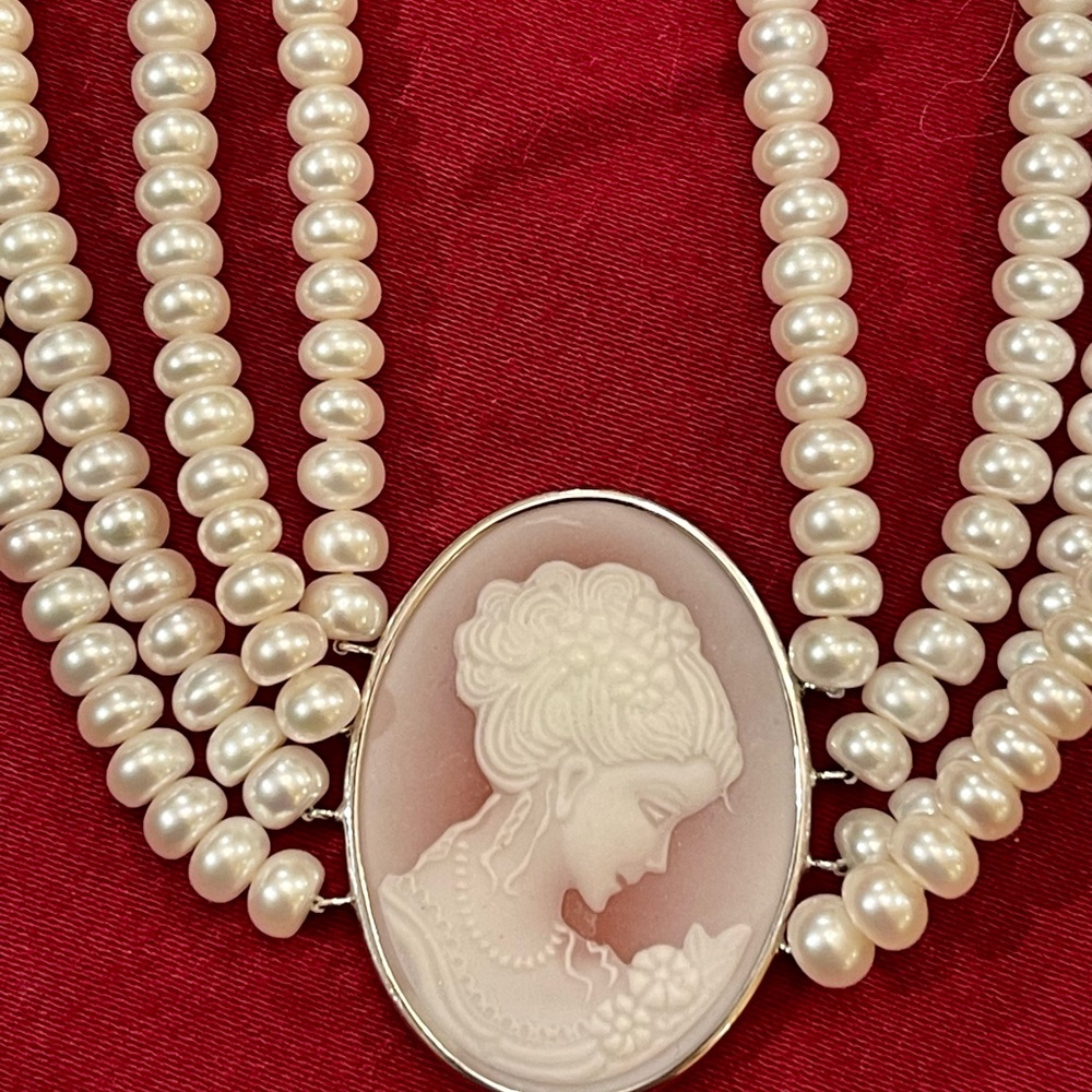 Vintage Imperial Sterling Pearl Necklace Carved Cameo Necklace - Picture 6 of 10